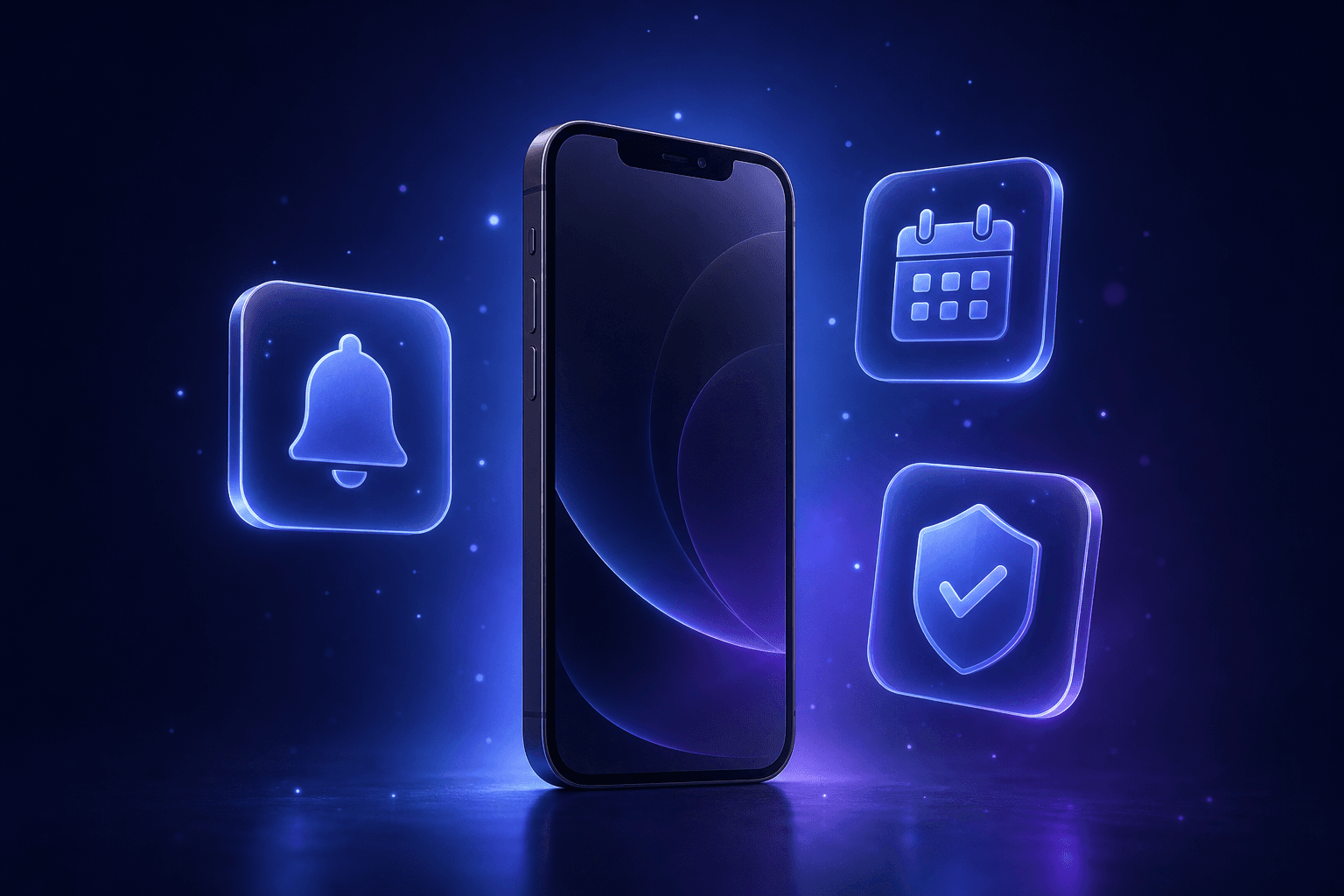 Phone surrounded by glowing reminder, calendar, and warranty notification cards