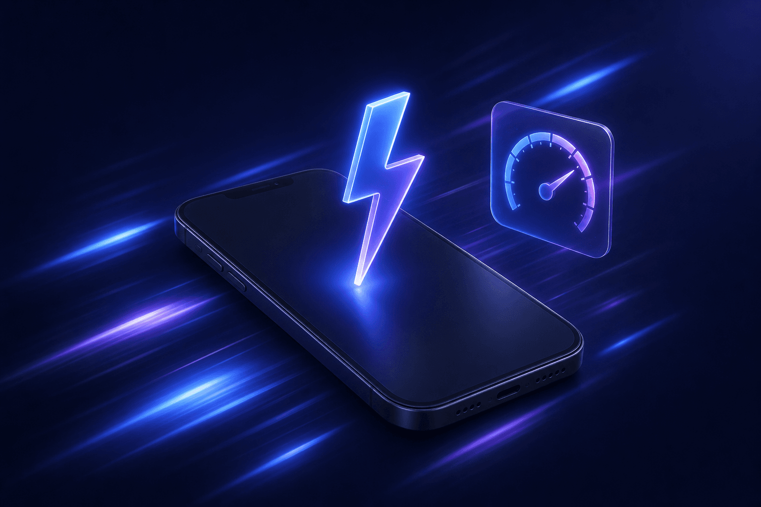 Phone with a glowing lightning bolt and speed gauge conveying fast native performance
