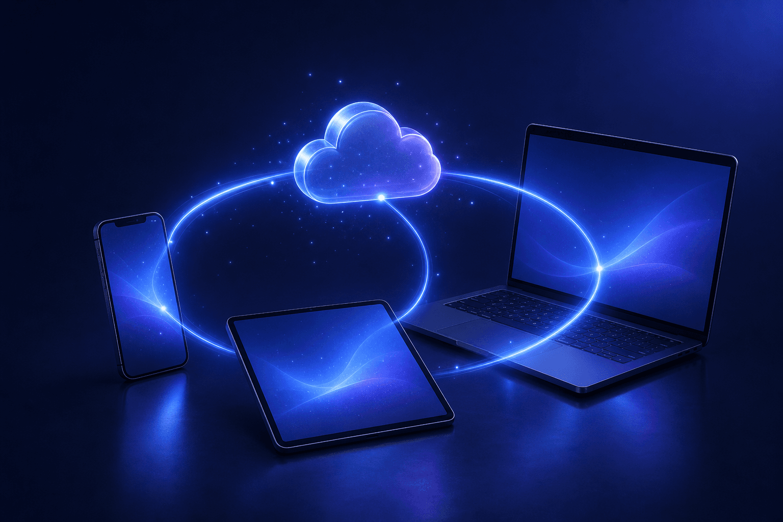 Phone, tablet, and laptop connected by glowing sync arcs around a cloud