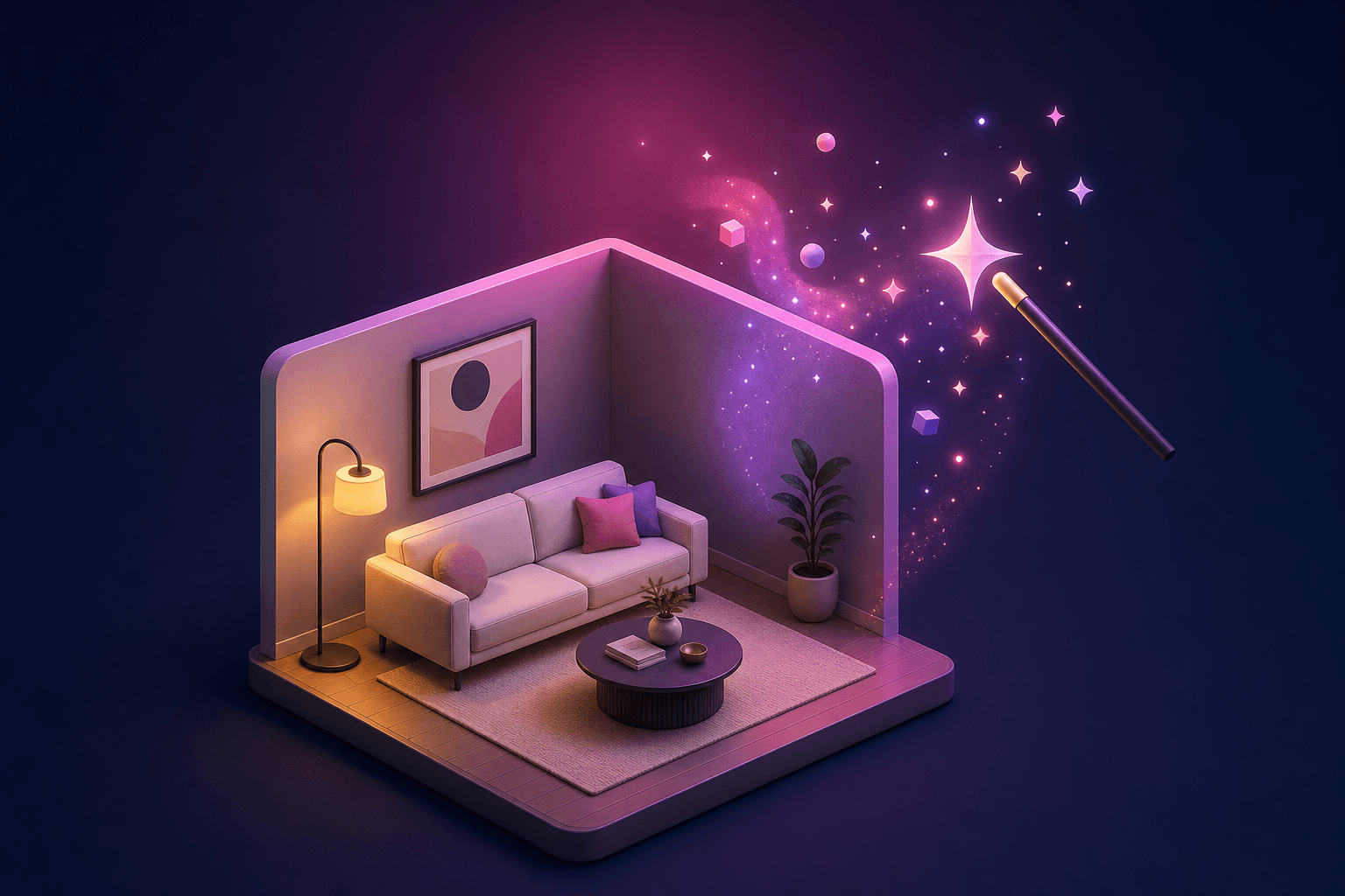 Living room design studio using real inventory items with numbered pins