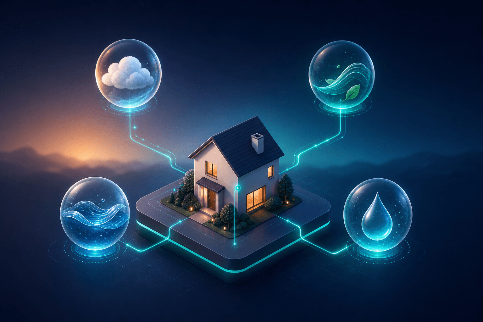 Home connected to live air quality, river, water usage, and weather data cards