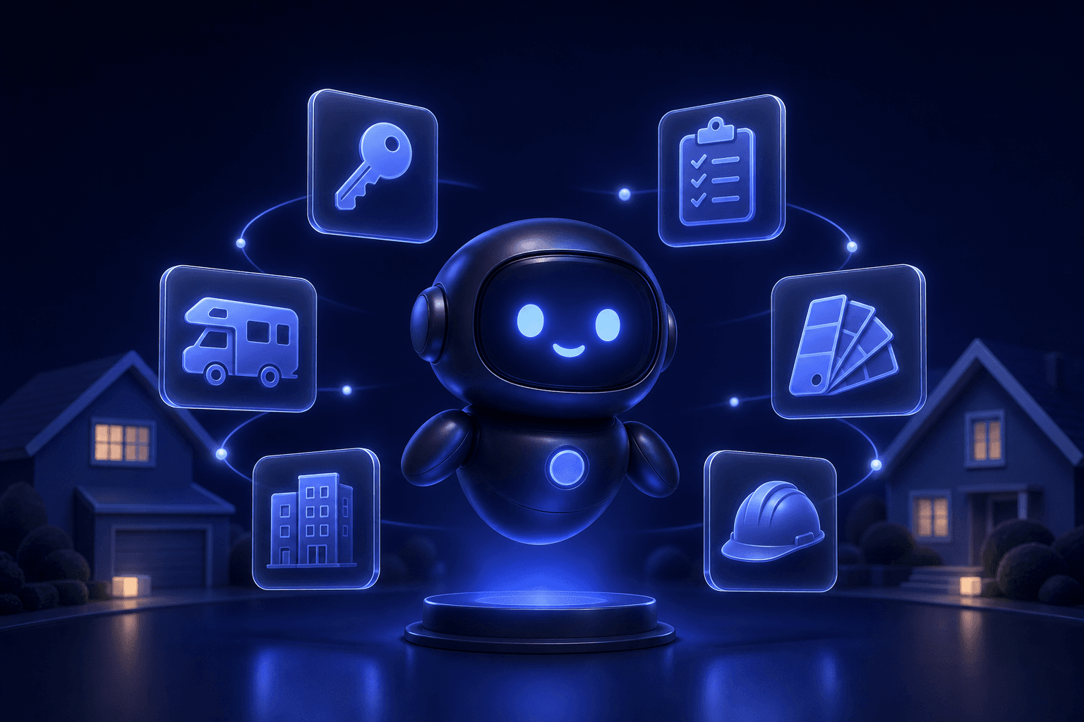 Dib mascot surrounded by tools of the trade for realtors, builders, property managers, vacation rentals, inspectors, RV pros, and designers