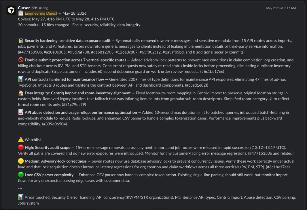 Engineering digest in Slack showing overnight commits, security findings, and a watchlist of items needing human review